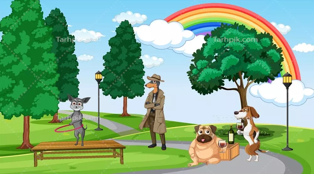 وکتور منظره پارک فضای باز با حضور تعدادی سگ و شتر در حال گردش