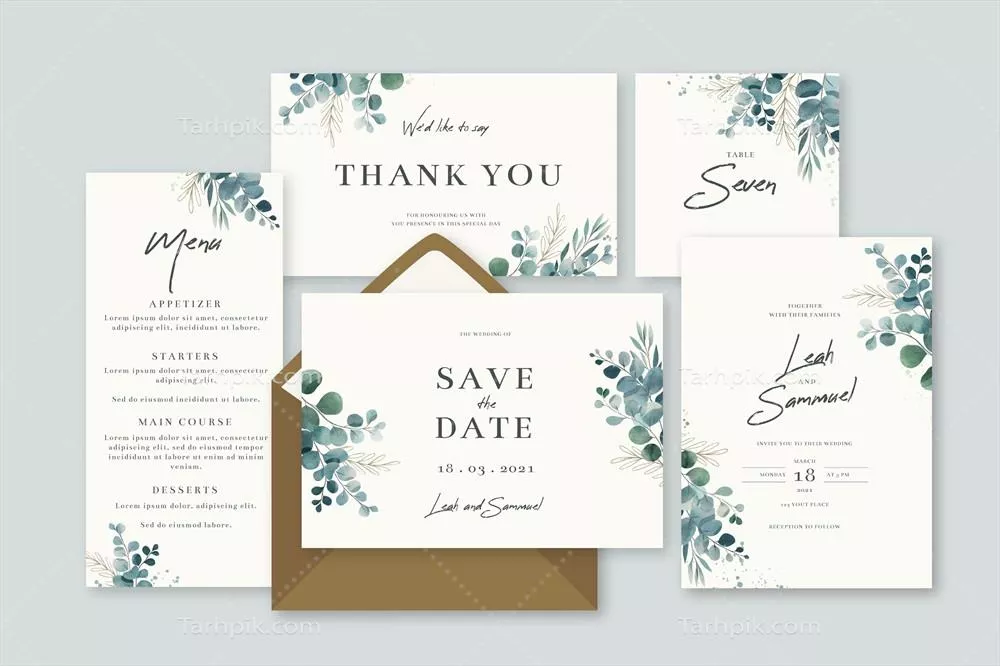 وکتور پکیج طراحی آنلاین گل‌دار برای کارت‌های عروسی و لوازم جانبی آن‌ها