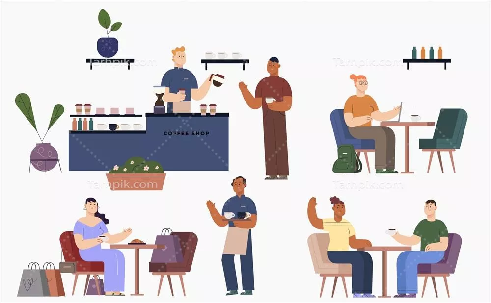 تصویر وکتور از افراد نشسته در کافه با طراحی جذاب و متنوع