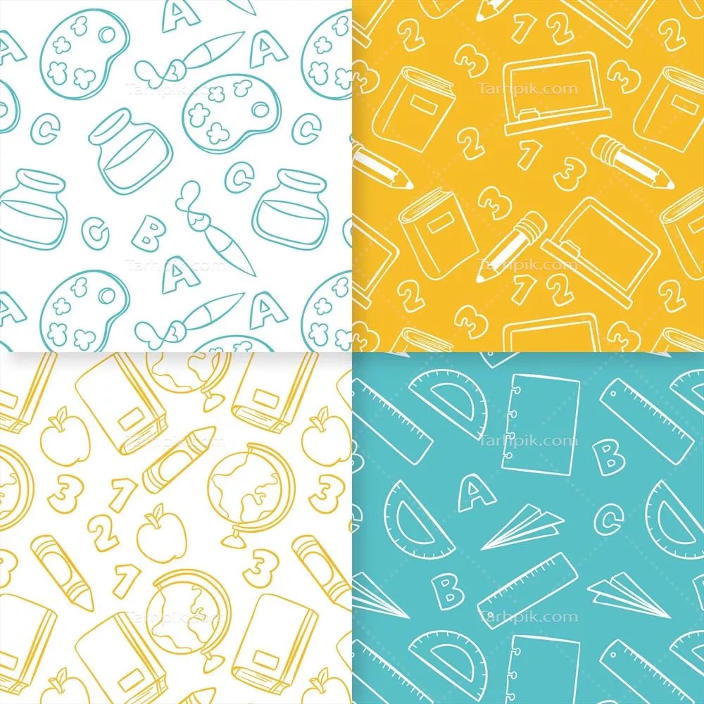 وکتور الگوی پیوسته طراحی دستی ویکتوری بر اساس وسایل مدرسه