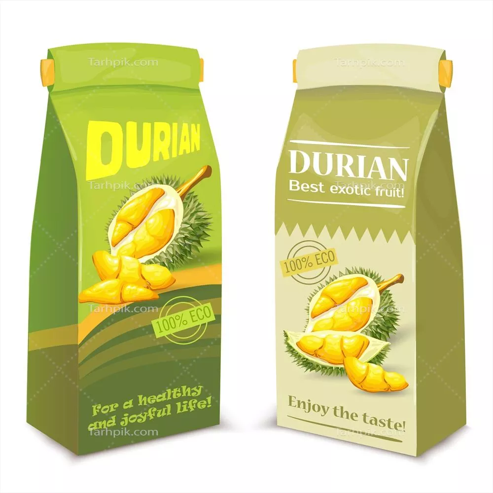بسته بندی آبمیوه از میوه دوریان عجیب و غریب با طراحی وکتور