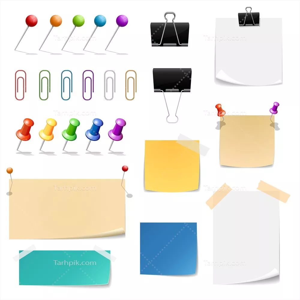 وکتور کلیپهای کاغذی، گیرههای بایندر، کاغذ یادداشت و لوازم اداری ضروری