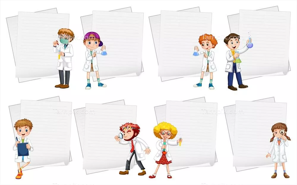 وکتور الگوی صفحهنوشته با تصویرسازی دانشمندان برای مقالات علمی