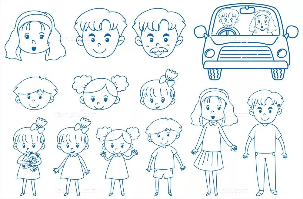 طرح وکتور طراحی دودیله بر روی کاغذ با تصویر خانواده در ماشین