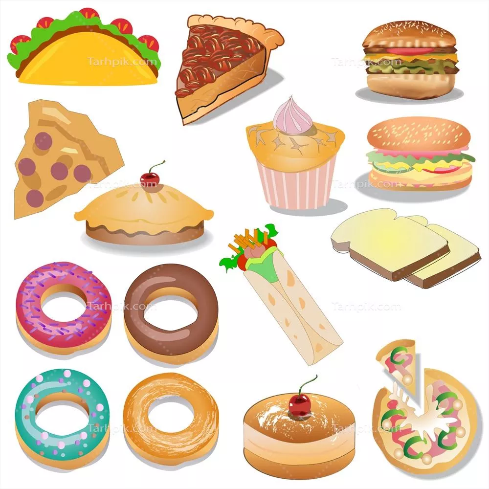 ست وکتور شیرینیپزی و نانپزی شامل ابزار و مواد خوشمزه