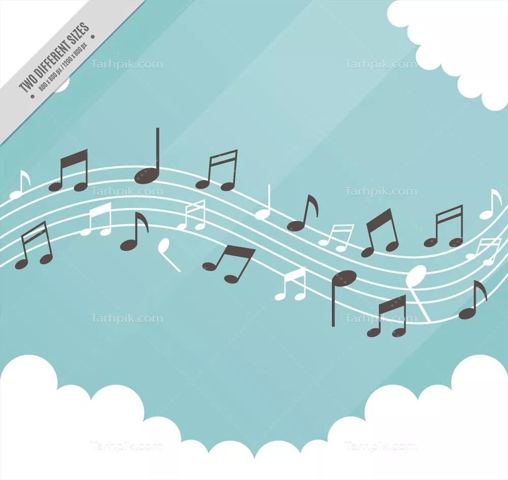 پسزمینهی پنتهگرام با ابرها و نوتهای موسیقی به صورت وکتور