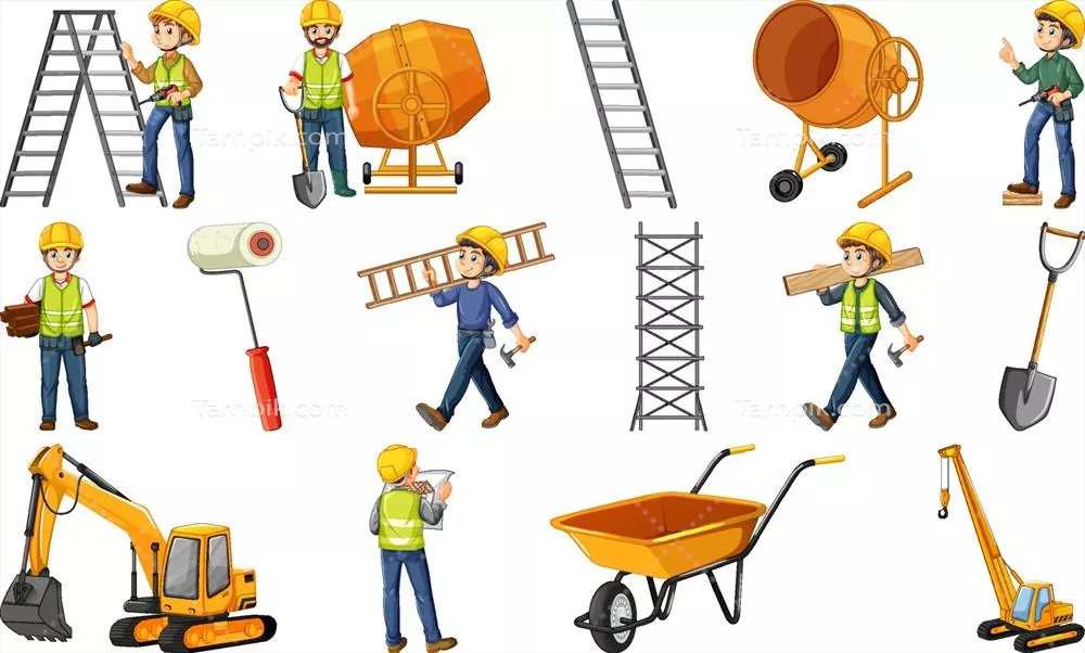 وکتور افراد در محل ساختوساز با ابزارهای مختلف و فعالیتهای عمرانی