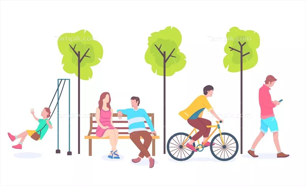 تصویری وکتوری از افراد در پارک در فصل پاییز با رنگهای گرم