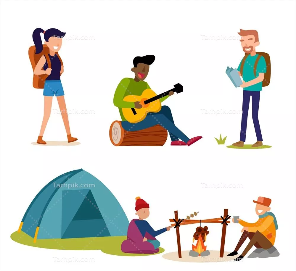 وکتور مجموعه طراحی مسطح افراد در کمپینگ با سبک ویکی از طبیعت