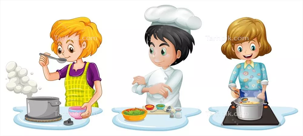 وکتور تصویر گرافیکی از افراد در حال پخت و پز در آشپزخانه با جزئیات زیبا