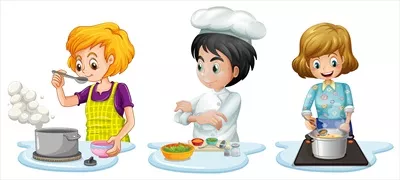 وکتور تصویر گرافیکی از افراد در حال پخت و پز در آشپزخانه با جزئیات زیبا