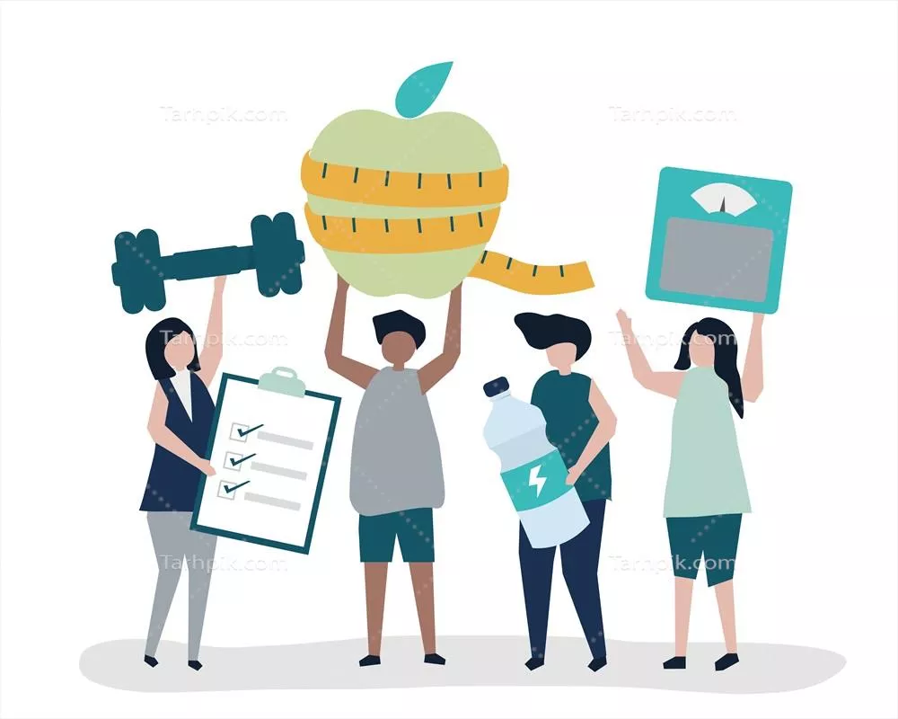 وکتور تصویری از افراد سالم و ورزشکار که به تمرینات منظم و تغذیه سالم مشغولند