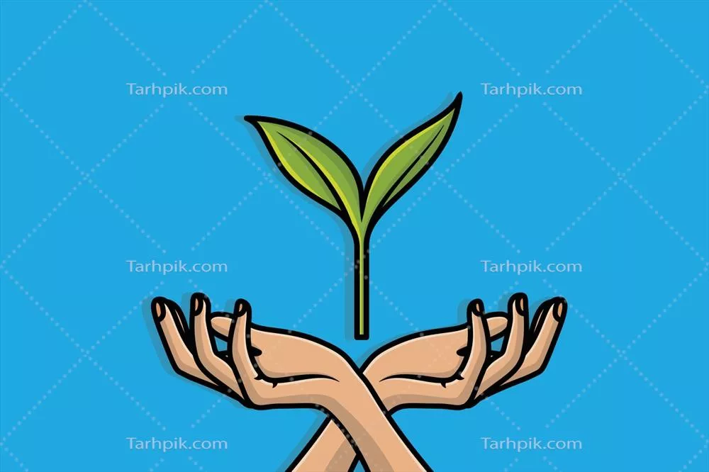 تصویر وکتوری از دست انسان که گیاهی را در آغوش دارد - نماد ارتباط انسان و طبیعت