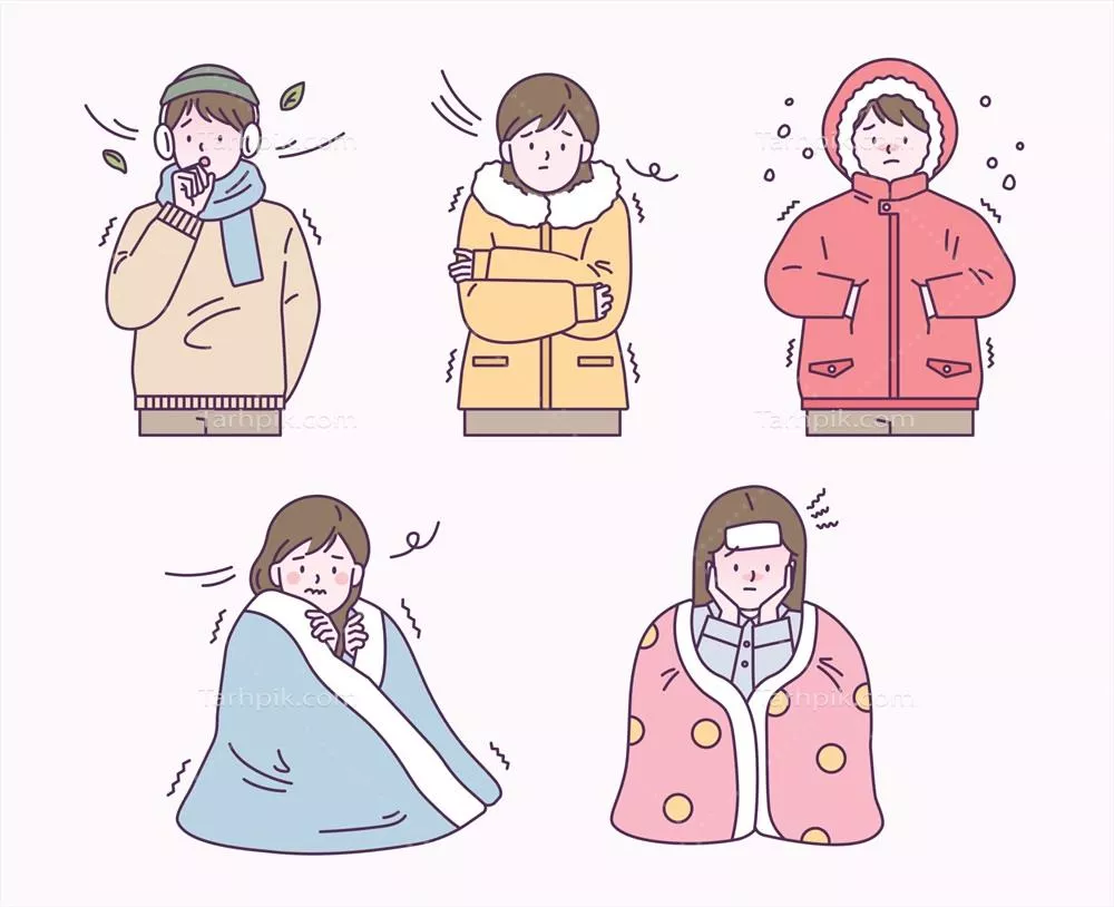 وکتور افرادی که در لباسهای زمستانی یا پتوهای ضخیم به دنبال گرما هستند