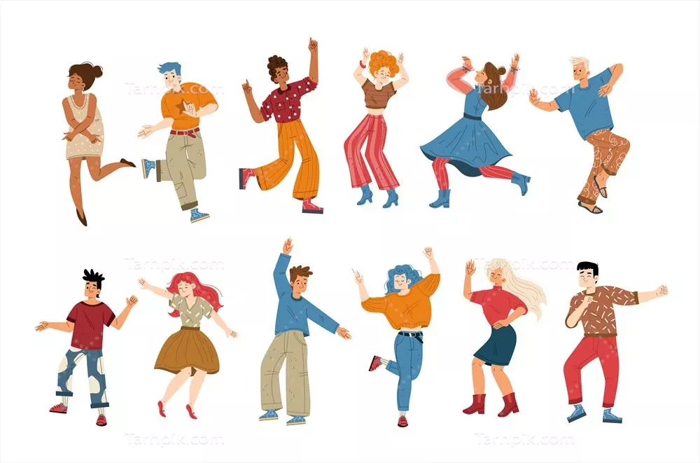 شخصیت‌های مهمانی در حال رقص و گوش دادن به موسیقی در وکتور جذاب