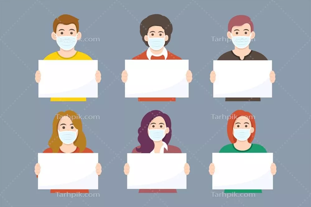 وکتور تصویری از افراد با ماسک در حال نگهداشتن بنر در فضای عمومی