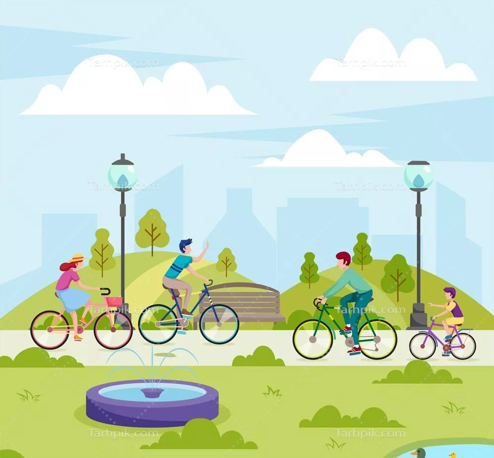 illustration وکتوری از مردم در حال دوچرخه سواری در پارک به همراه طبیعت زیبا