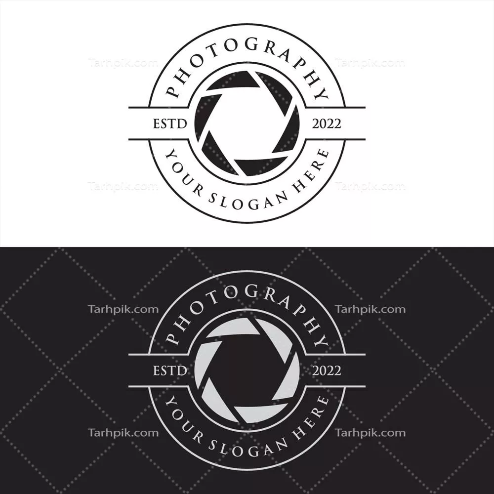 وکتور طراحی لوگوی دوربین با تمرکز بر لنز و شاتر دیجیتال خطی