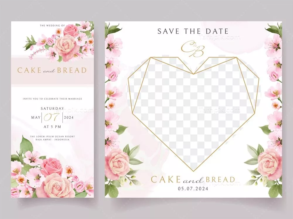 وکتور الگو کارت دعوت عروسی با طراحی گل رز صورتی و شکوفه های گیلاسی