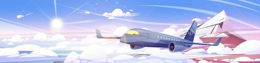 وکتور هواپیمای در حال پرواز در ابرها بالای قله کوه در آسمان