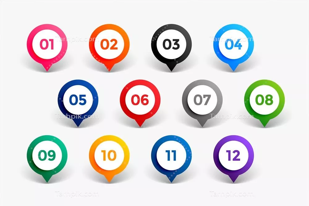 نقاط شمارهگذاری شده به سبک اشارهگر، دوازده نمونه وکتور