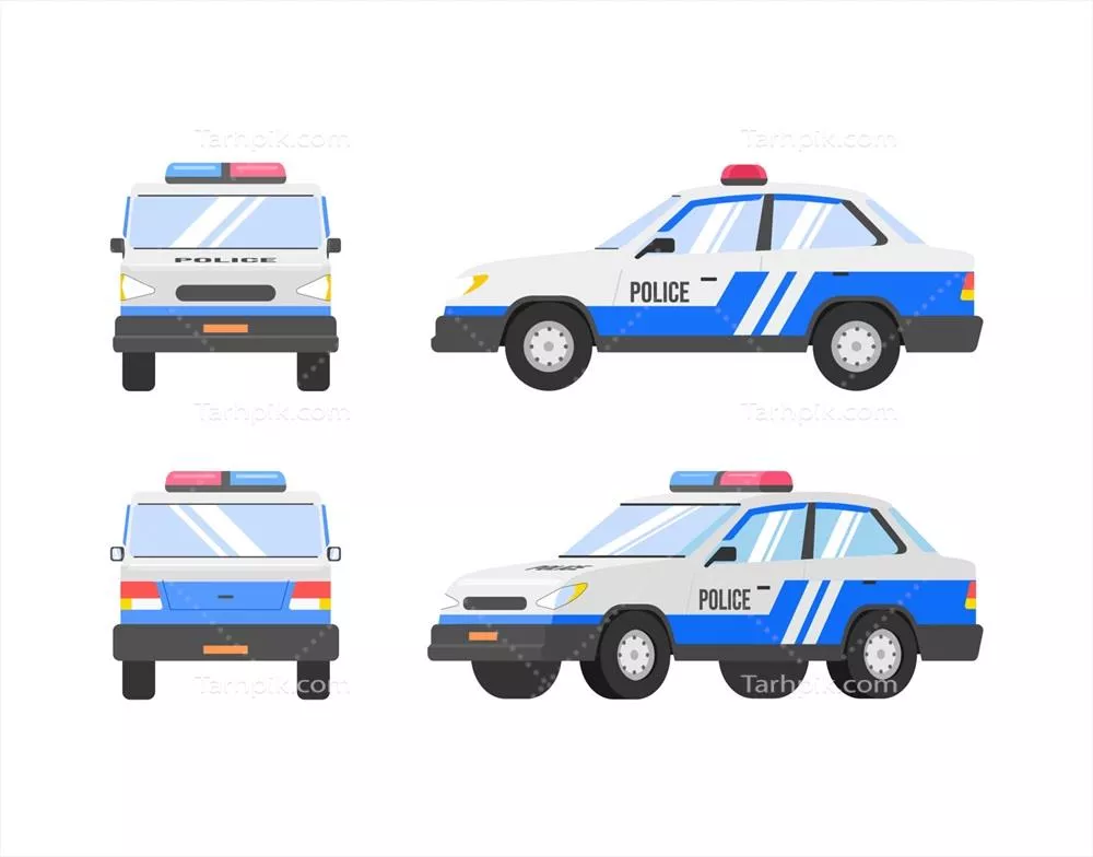 وکتور مجموعه تصویر خودرو پلیس از چهار زاویه: جلو، عقب و کنار
