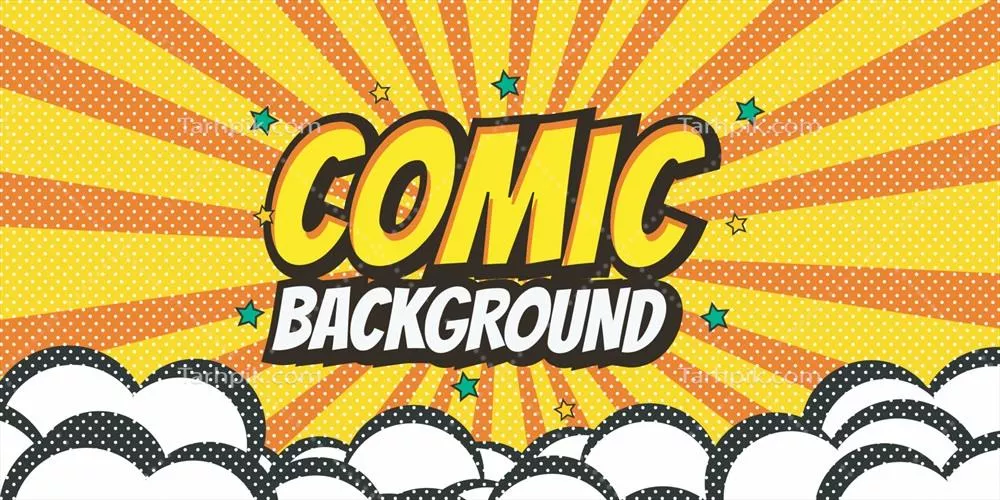 پس‌زمینه پاپ آرت کامیک با ابر و ستاره‌های کارتون در سبک وکتور