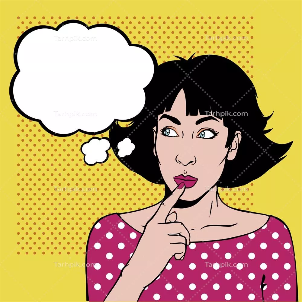 وکتور زن جوان و زیبا با موهای قهوه‌ای در حال تفکر به سبک پاپ‌آرت