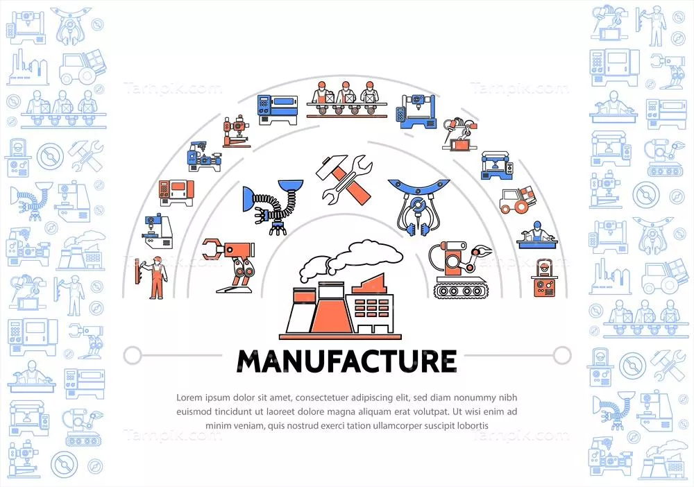 وکتور الگوهای رنگارنگ آیکون‌های خطی با تجهیزات صنعتی و ماشین‌آلات کارگاهی