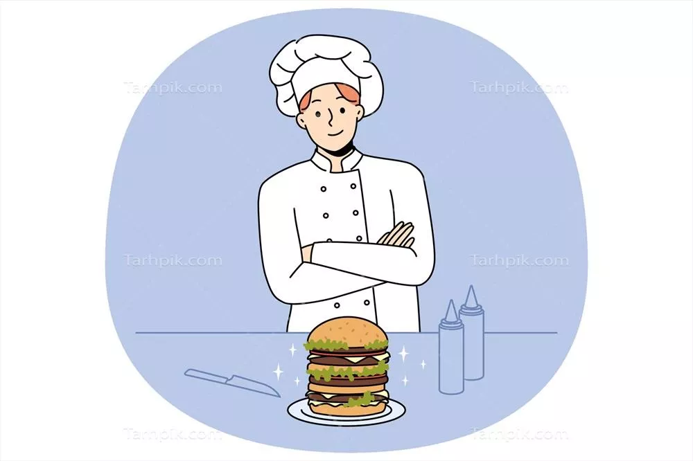 وکتور آشپز مرد موفق در حال تهیه برگر در یک کافه و لبخند بر لب
