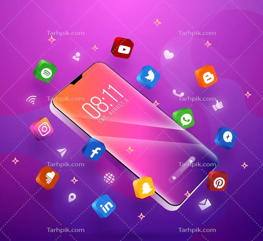 وکتور رنگآمیزی بنفش در طراحی موبایل با نمایی از برنامههای رنگارنگ