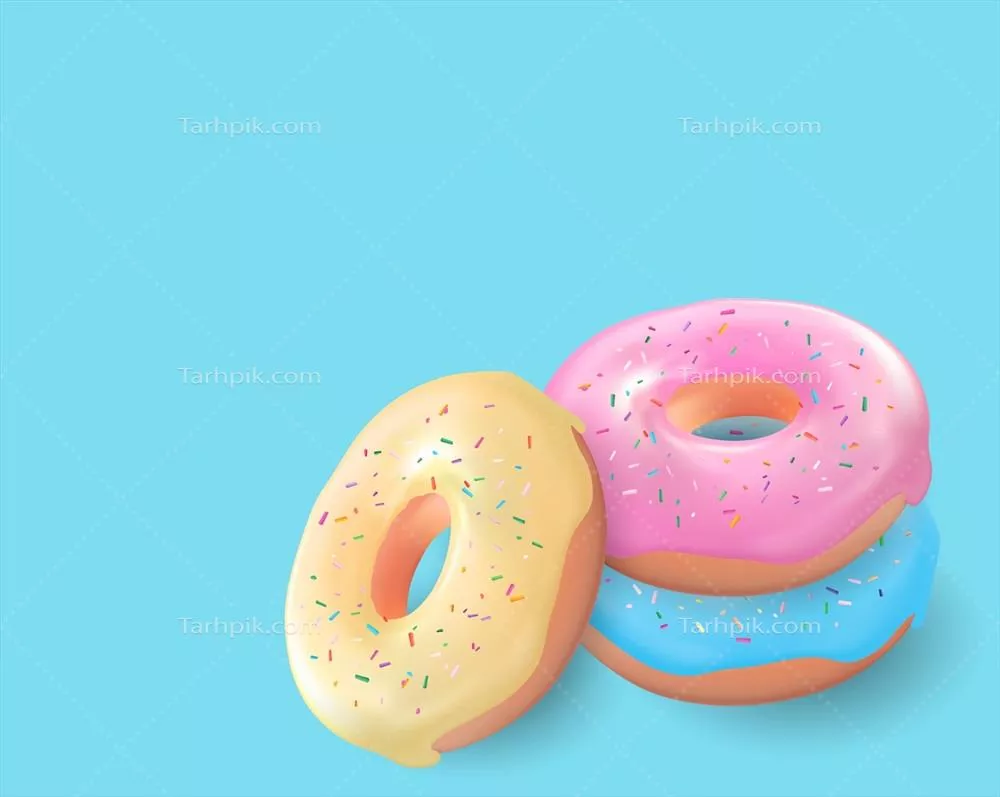 تصویر برداری وکتوری از دونات شیرین و خوشمزه به صورت سه بعدی واقعی