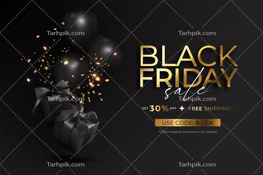 وکتور بنر فروش ویژه بلک فرایدی با طراحی واقعگرایانه و هدایای معلق و بادکنکها