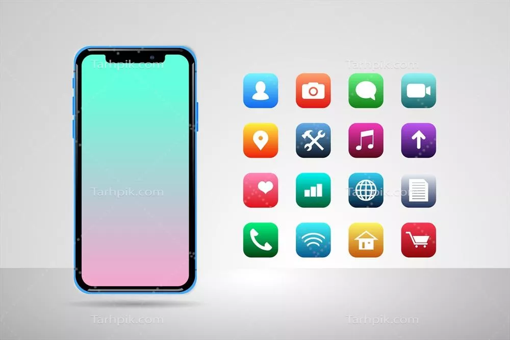 گوشی هوشمند با نمایش واقعی و تعدادی اپلیکیشن به صورت وکتور