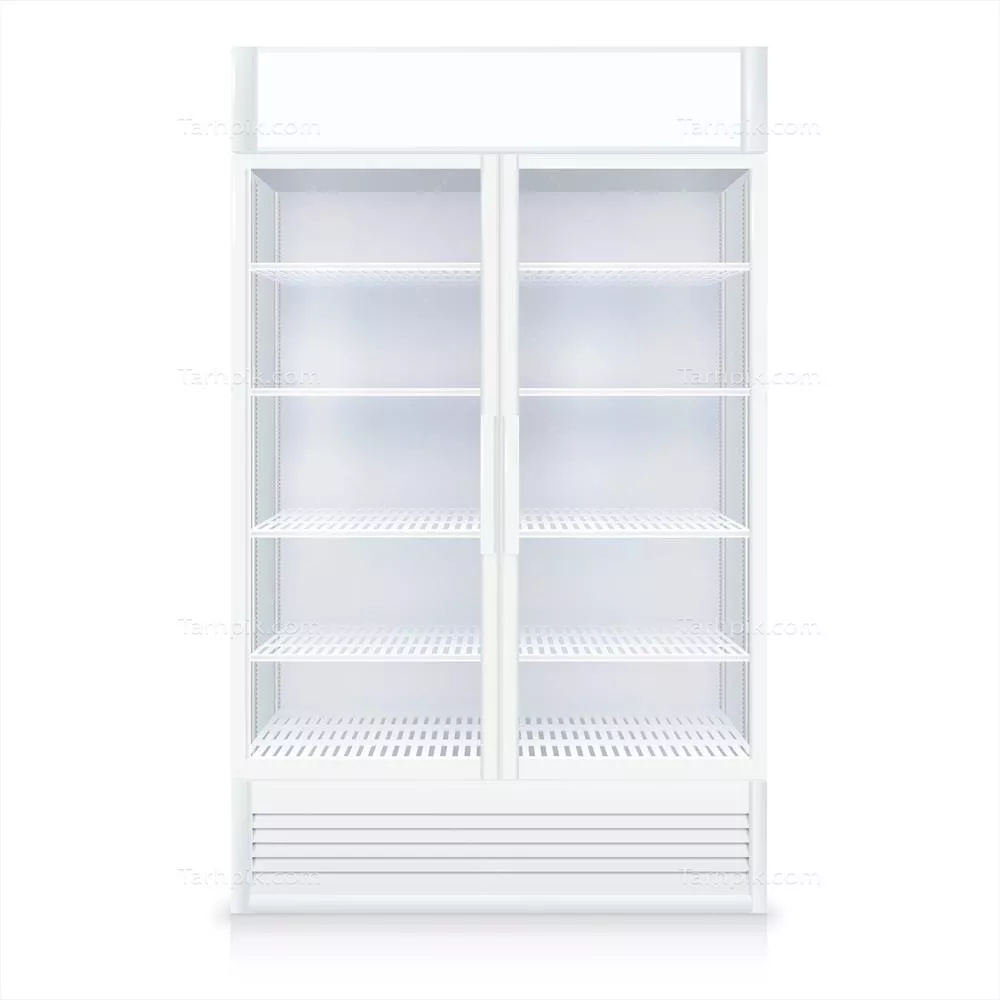 وکتور طراحی واقعگرایانه از یک زرق و برقدار خالی با درب شفاف و قفسههای سفید