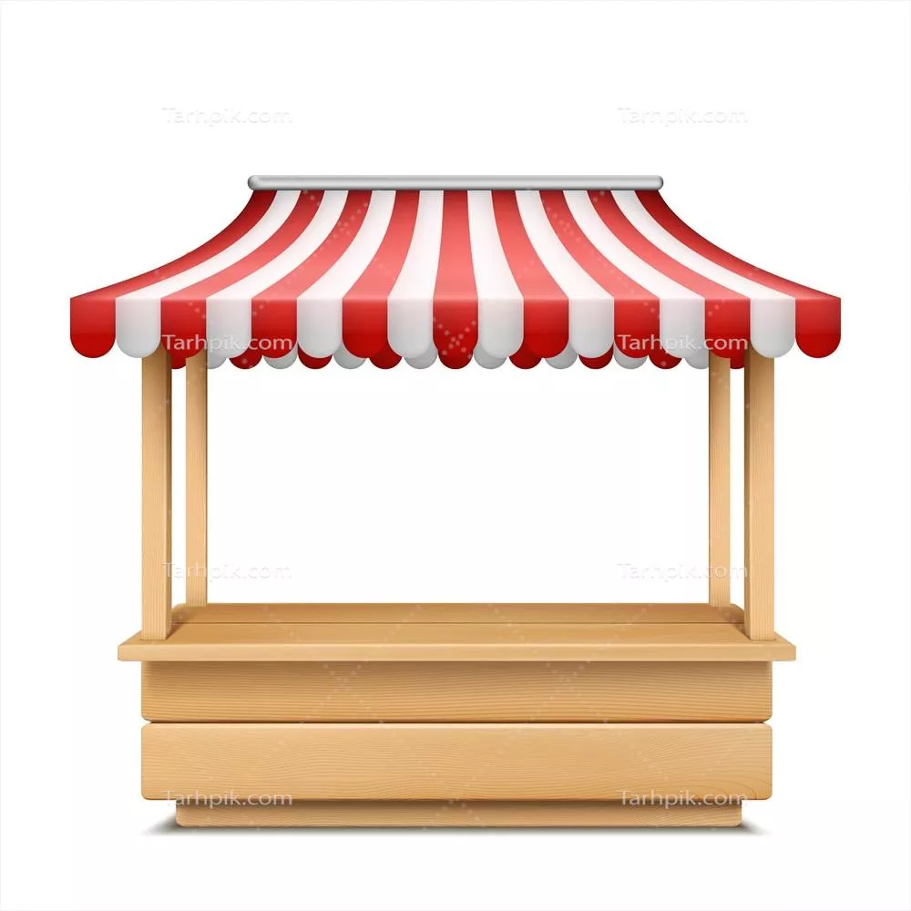 تصویری واقعی از غرفهٔ خالی بازار با چتر راهراه قرمز و سفید به صورت وکتور