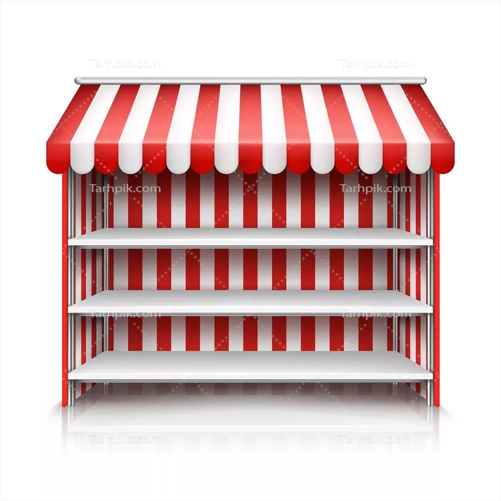 وکتور تصویر واقعگرایانه از بازار با دکههایی با سایبان راهراه قرمز و سفید