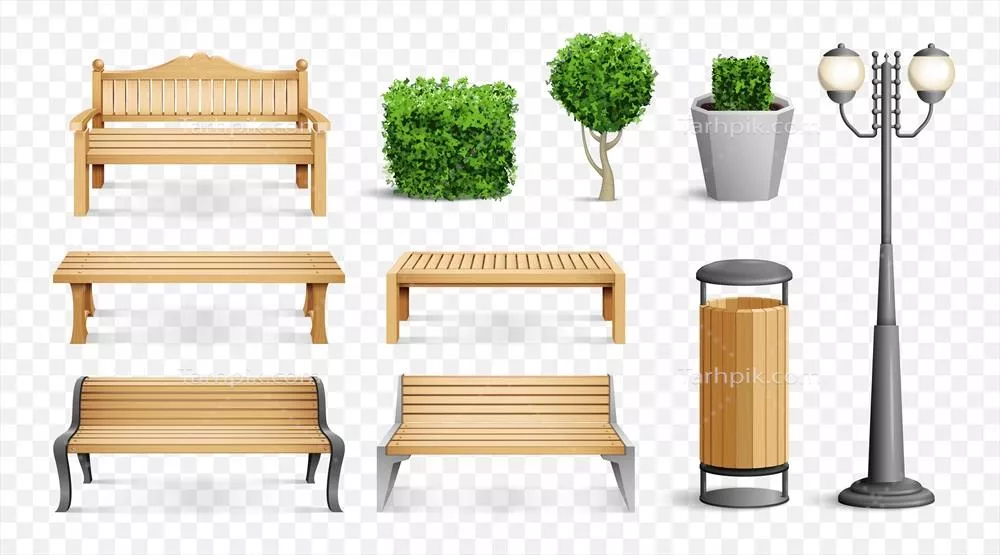 وکتور ست عناصر پارکی واقعی با نیمکتهای مختلف، چراغ خیابانی، سطل زباله و بوتهها