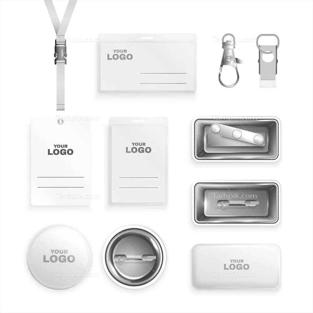 وکتور تجسم واقعگرایانه از نشانهای فلزی خالی با گیرههای لانیارد و پسزمینه جداگانه