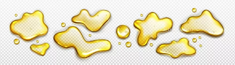 وکتور مجموعه واقعی از لکهها و ریختگیهای مایع زرد رنگ و شفاف