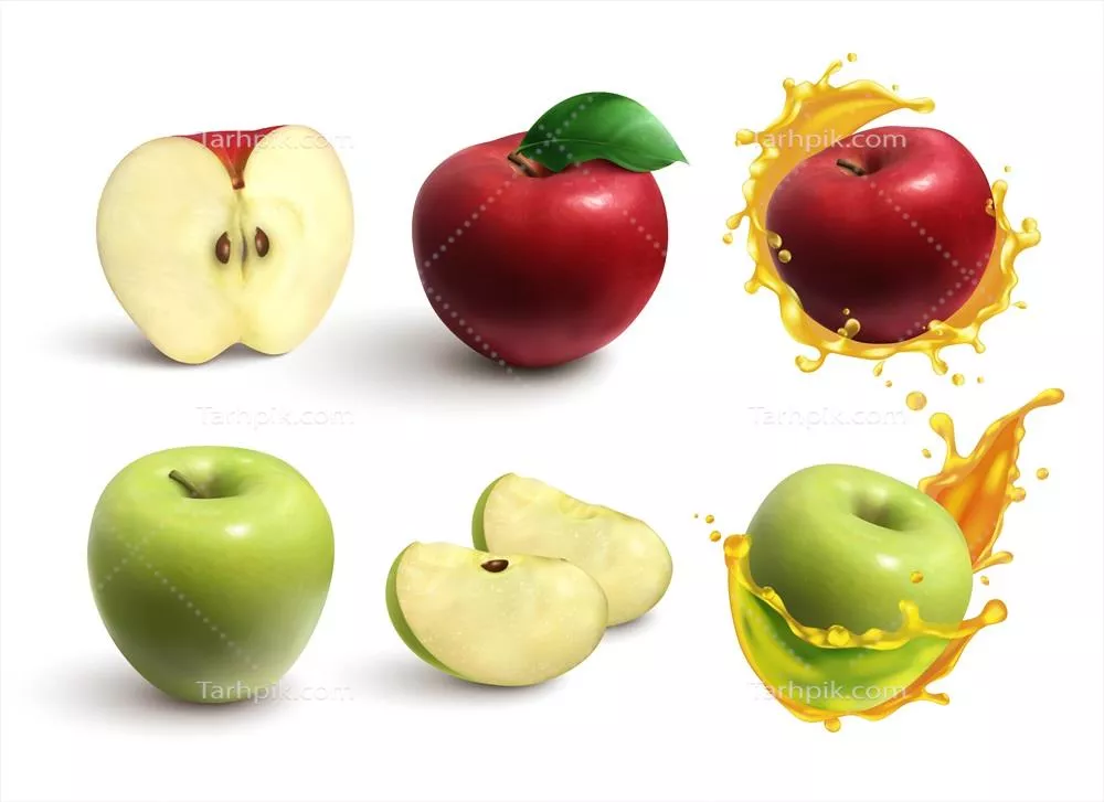 وکتور سیبهای قرمز و سبز رسیده و آبدار بر روی پسزمینه سفید به صورت طبیعی