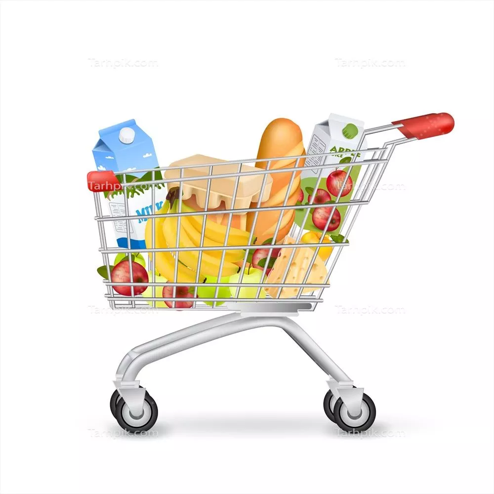 وکتور تصویری واقعگرایانه از چرخدستی سوپرمارکت پر از کالاها