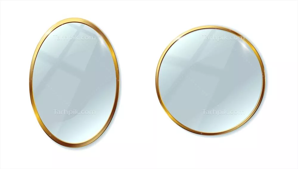 مجموعه آیکونهای وکتور واقعگرایانه: دو آینه با قاب طلایی و بیضوی دورگرد بر زمینه سفید