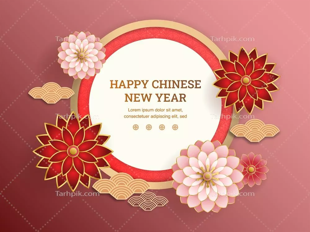 وکتور تصویر گلهای قرمز و صورتی با پسزمینه انتزاعی چینی در سبک برش کاغذی - سال نو مبارک