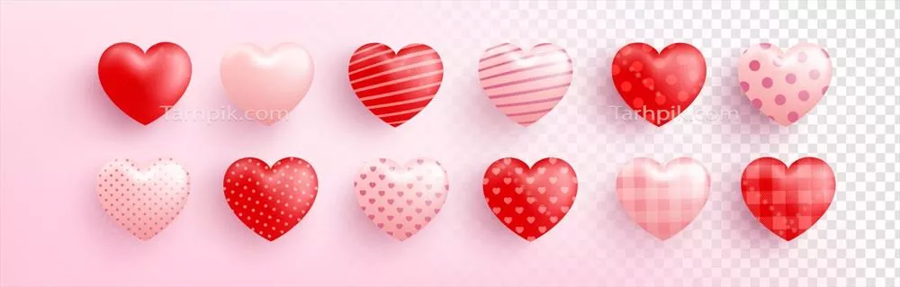 وکتور قلب شیرین قرمز و صورتی با الگوهای مختلف و زیبا