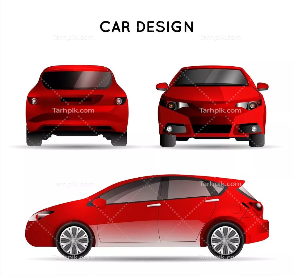 نمایش های مختلف یک ماشین قرمز در طرح وکتور
