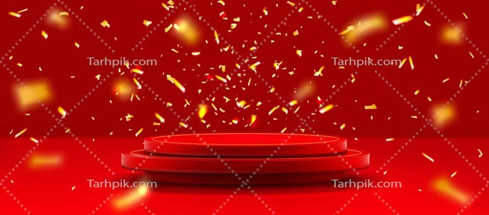 وکتور پایه قرمزرنگ و ریزش دانه‌های طلایی در هوا