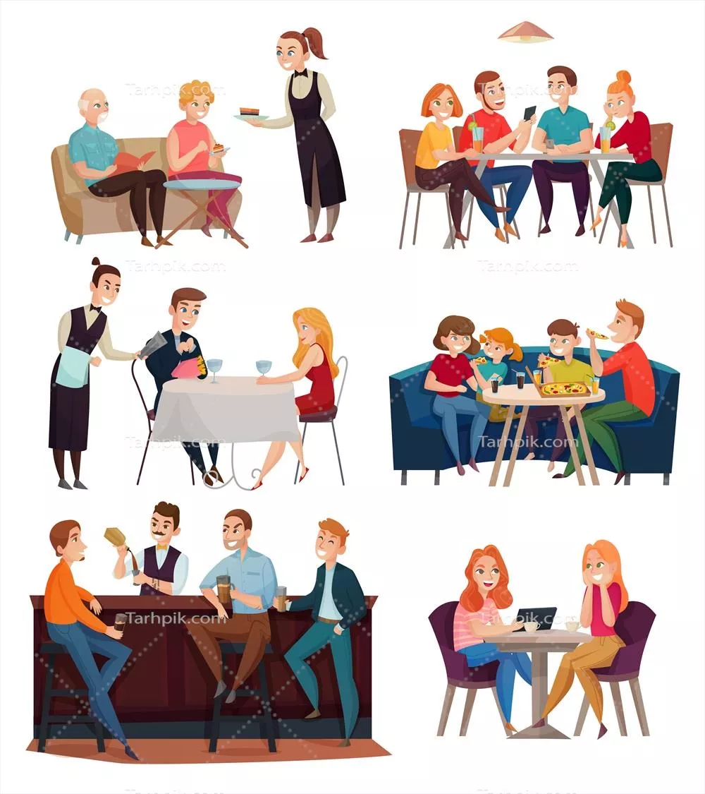 وکتور تصویر برداری از محیط رستوران و بار با مجموعهای از غذا و نوشیدنی