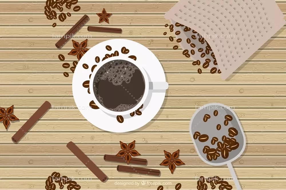 طرح وکتور پس‌زمینه قدیمی با نمای بالای قهوه و دانه‌های قهوه