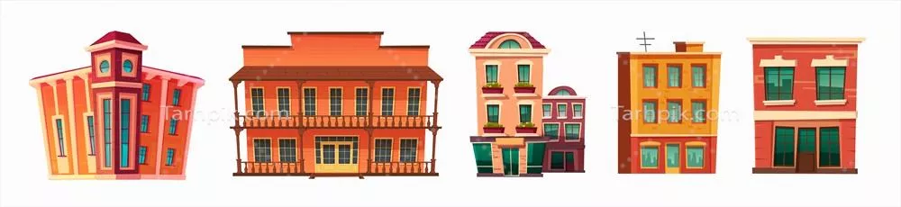 آیکون دکان و خانه کارتونیک برای ساخت شهرهای رترو با طراحی وکتور